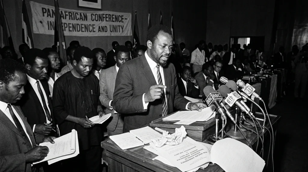 Documental histórico de 1960 con micrófonos de prensa de Patrice Lumumba