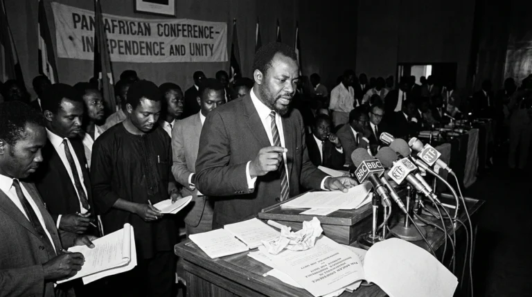 Documental histórico de 1960 con micrófonos de prensa de Patrice Lumumba