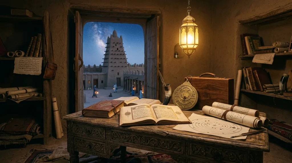 Manuscritos históricos iluminados en Tombuctú con la mezquita de Sankore