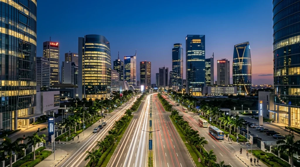 Skyline financiero africano moderno al atardecer